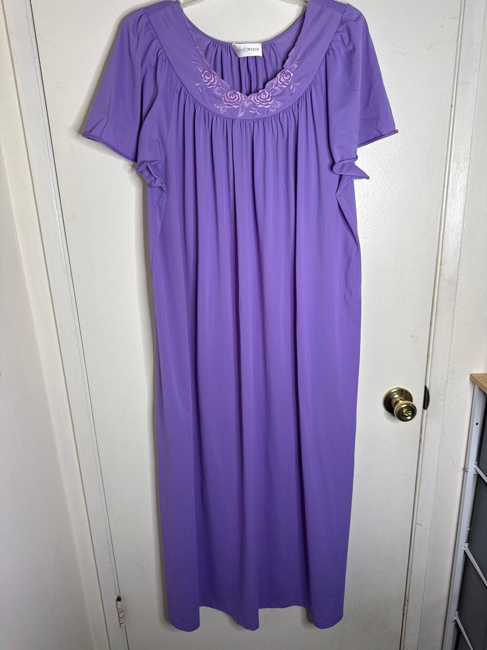 Vintage Shadowline Petals Long Nightgown Flutter Sleeve Purple Lilac Nylon XL